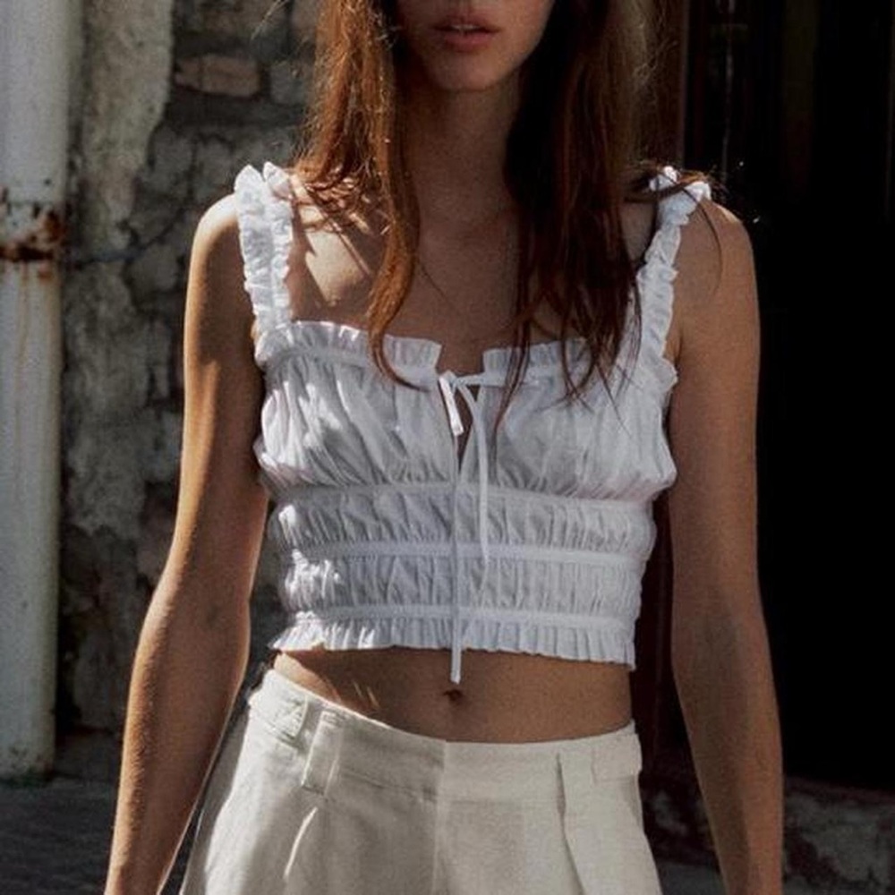 NWT Zara Organic Sweetheart Ruffle Bow Smocked Cropped Tank Top in White - S